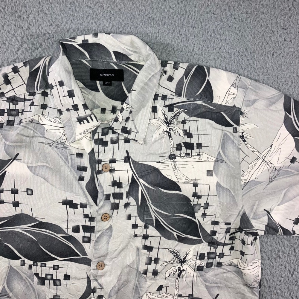 Vintage‎ Hawaiian Shirt Men Medium Gray Silk Tropical Geometric S/S 90s Vacation